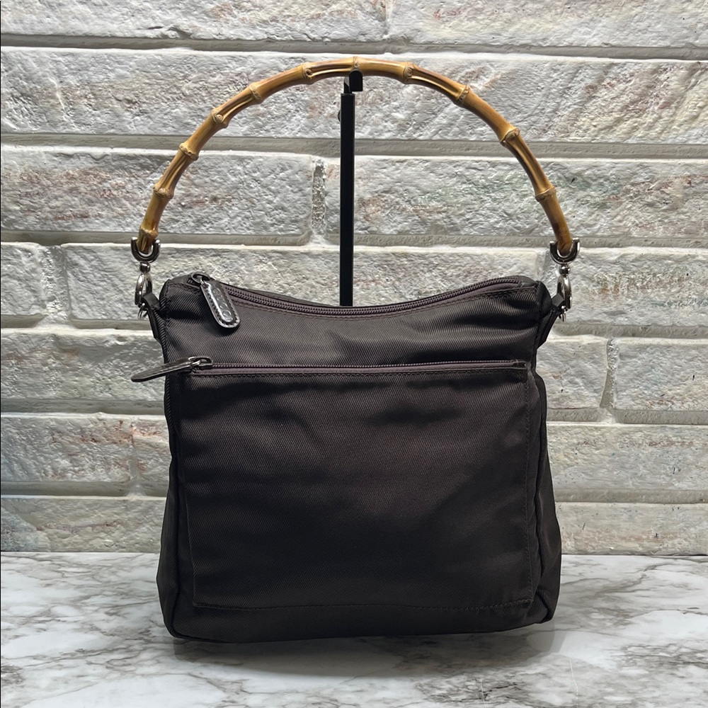 GUCCI Bamboo Shoulder Bag Nylon Leather Brown EUC